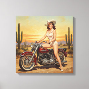 Old school Retro Pin-up-flicka på motorcykel Canvastryck