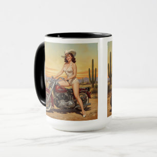 Old school Retro Pin-up-flicka på motorcykel Mugg