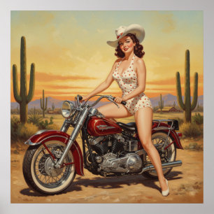 old school Retro Pin-up-flicka på motorcykel Poster