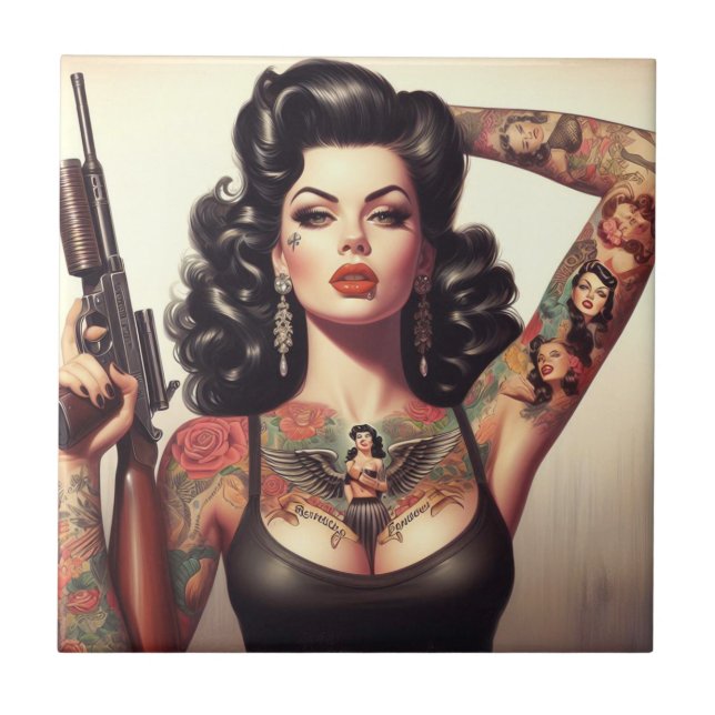 Old school Tattoo Girl Kakelplatta (Framsidan)
