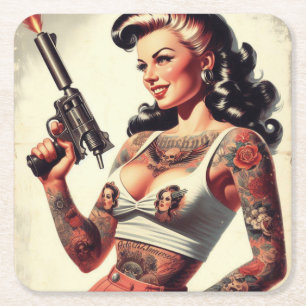 Old school Tattoo Hett Girl Underlägg Papper Kvadrat