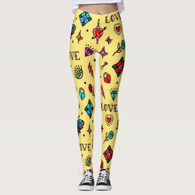 Old school Tattoo Kärlek Mönster Leggings (Framsida)