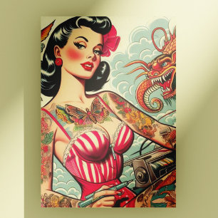 Old School Tattoo Pin-up Vykort