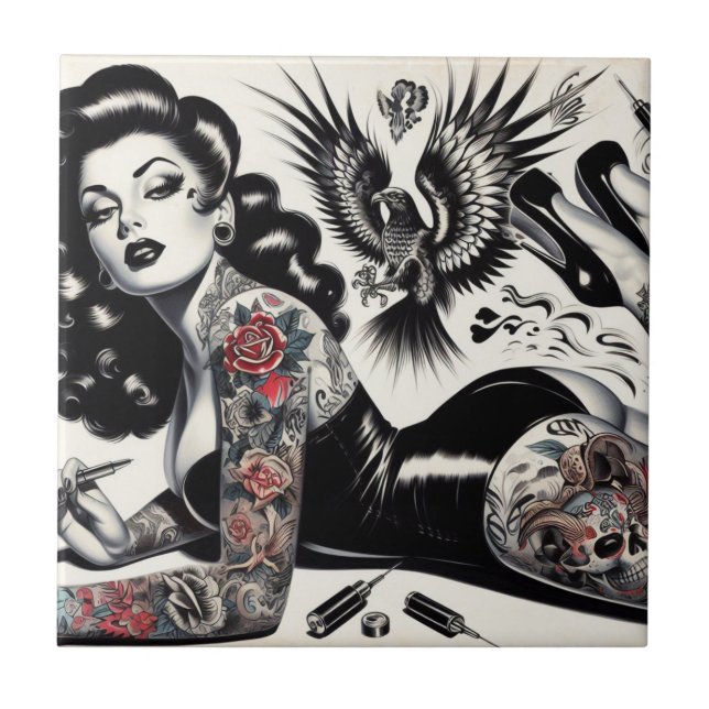 Old school Tattooed Girl Kakelplatta (Framsidan)