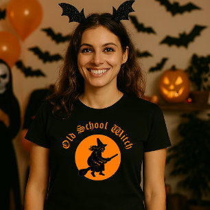 Old school Witch Retro Woodblock T Shirt
