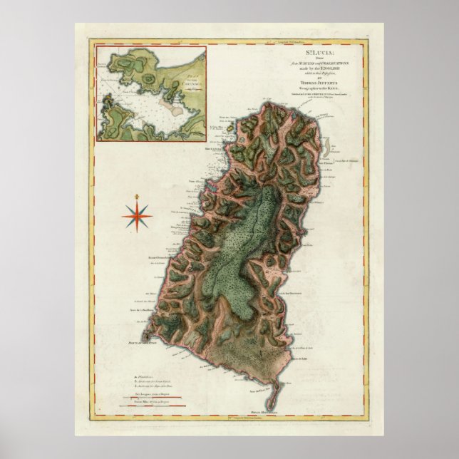Old St Lucia Island Karta (1794) Poster (Framsidan)