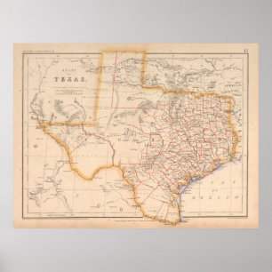 Old Texas Karta (1857) Vintage TX Lone Star State  Poster