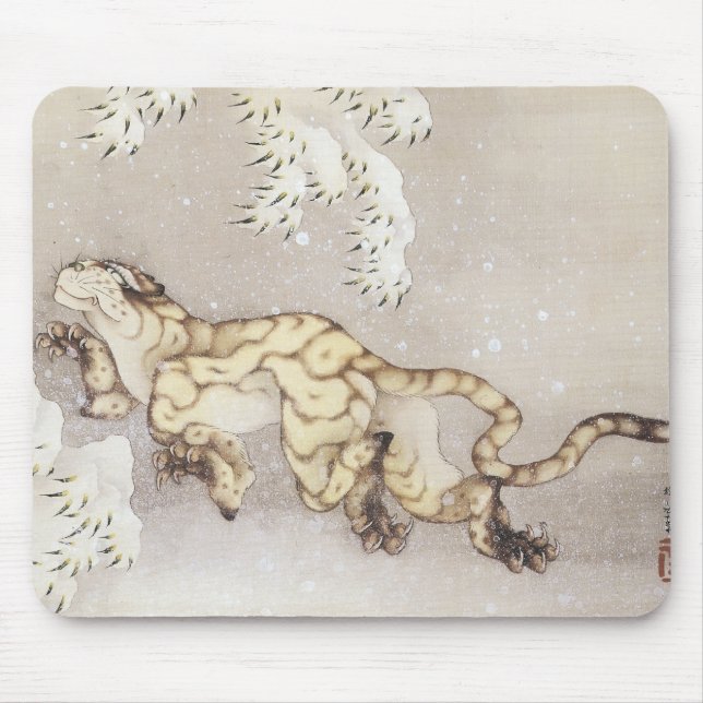 Old Tiger i Snö, Hokusai, 1849 Mousepad Musmatta (Framsidan)