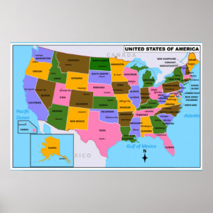 OLD USA Karta med huvudstäder och Bukt i Mexiko Poster