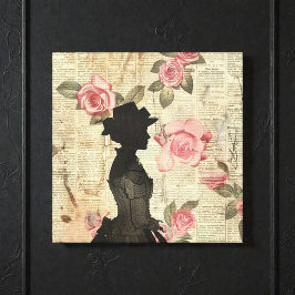 Old Victorian Silouette with Pink Roses Canvastryck