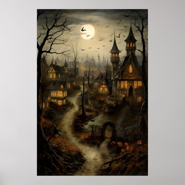 Old Village With Pumpkins, Halloween Countryside Poster (Framsidan)