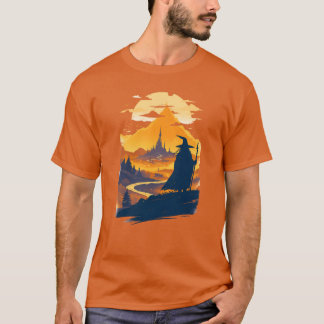 Old Wanderer Gazing at a Mystical City Fantasy T Shirt