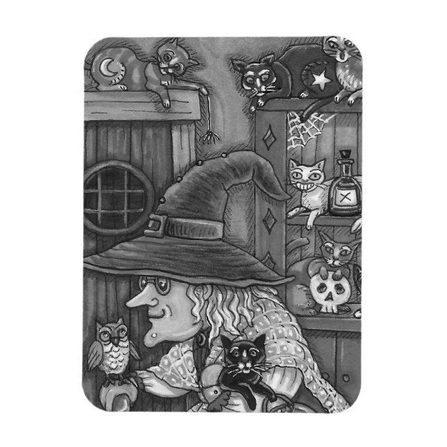OLD WITCH LYCKLIG HOME, CATS & UGGLA BLK/WHT HALLO MAGNET (Vertikal)