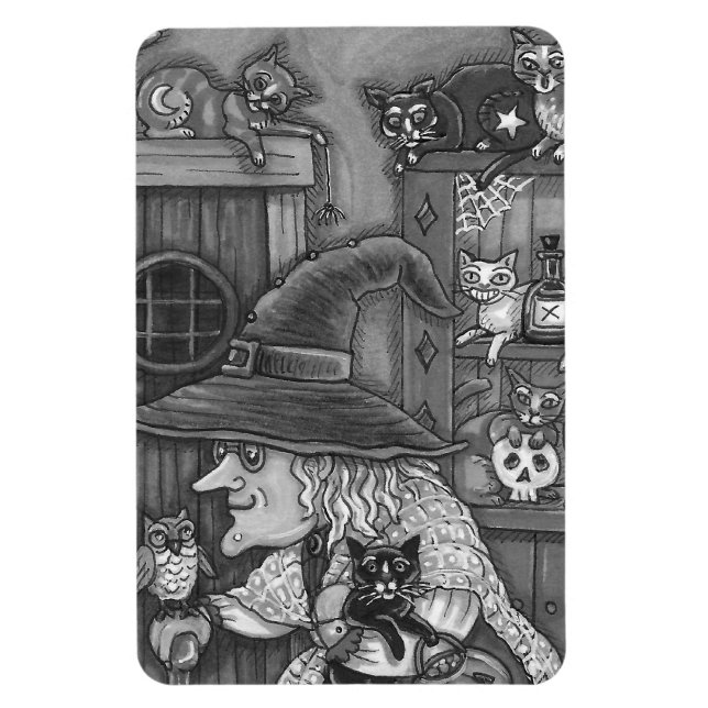 OLD WITCH LYCKLIG HOME, CATS & UGGLA BLK/WHT HALLO MAGNET (Vertikal)