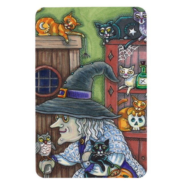 OLD WITCH LYCKLIG HOME, MYCKET KATT & UGGLA HALLOW MAGNET (Vertikal)