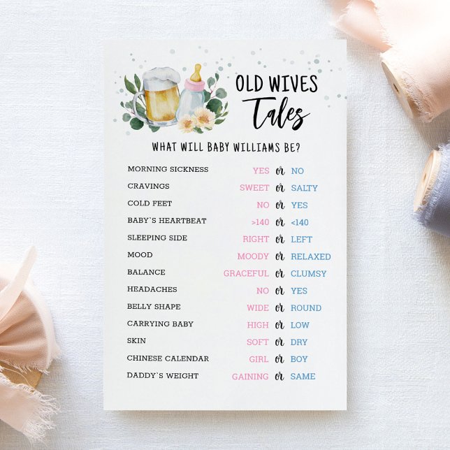 Old Wives Tales Gender Reveal Baby Shower Game (Greenery and Beer Baby Brewing Baby Shower Old Wives Tales Game)