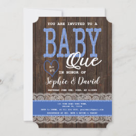 Old Wood Blue Gingham Boy Shower BBQ Inbjudningar