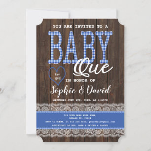Old Wood Blue Gingham Boy Shower BBQ Inbjudningar