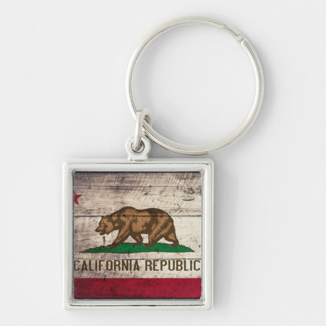 Old Wooden California Flagga Fyrkantig Silverfärgad Nyckelring (Framsidan)