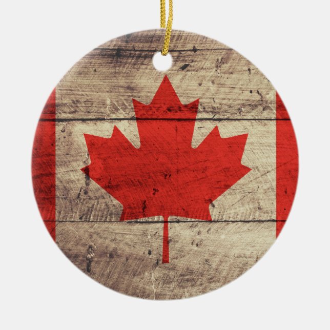 Old Wooden Canadian Flagga Julgransprydnad Keramik (Framsidan)
