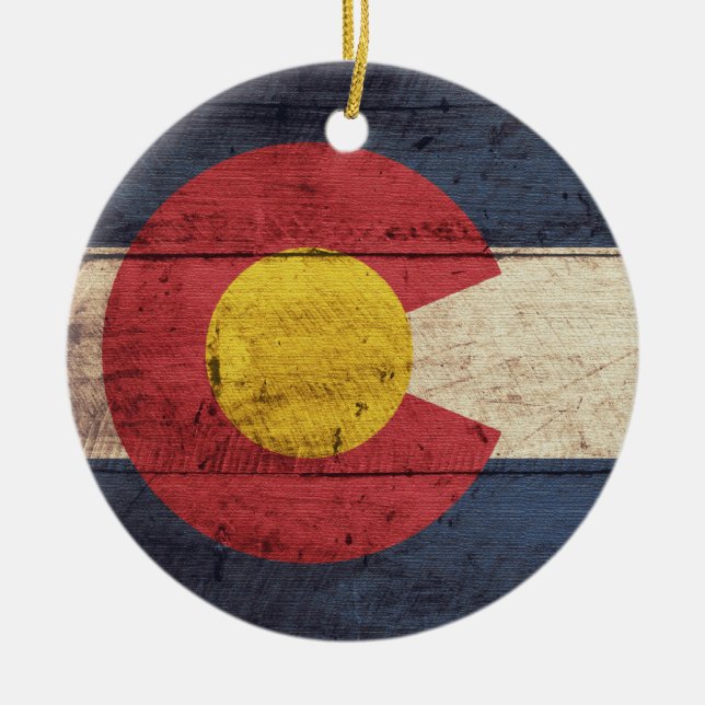 Old Wooden Colorado Flagga Julgransprydnad Keramik (Framsidan)