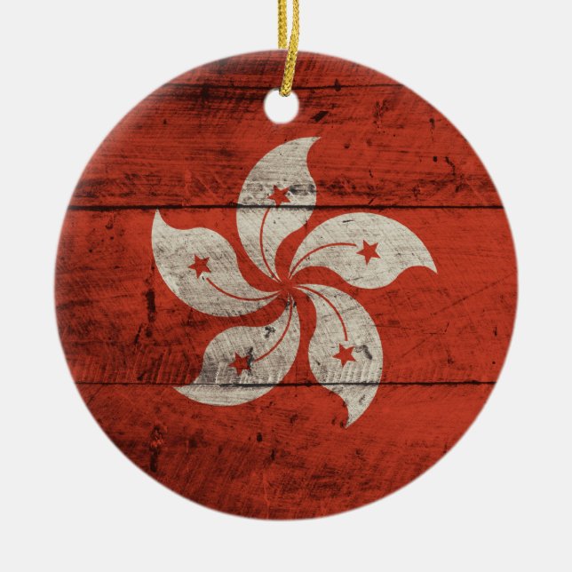 Old Wooden Hong Kong Flagga Julgransprydnad Keramik (Framsidan)