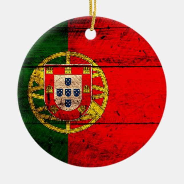 Old Wooden Portugal Flagga Julgransprydnad Keramik (Framsidan)