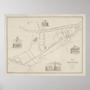 Old Worcester MORSA Karta (1829) Vintage Massachus Poster