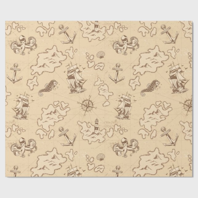 Olden nautisk termisk sepia mönster presentpapper (Platt)