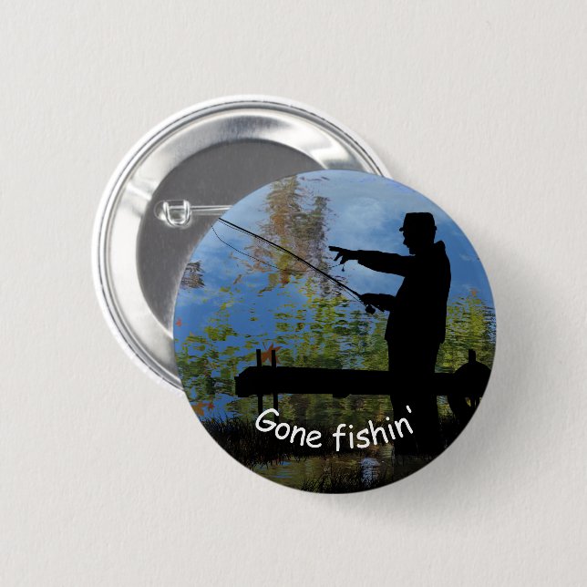 Older Man Fishing Redragen Silhouette Pin Button Knapp (Framsida & baksida)