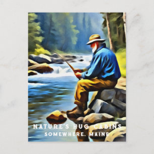 *~* Older Man Fishing Stream AP49 Stream Vykort