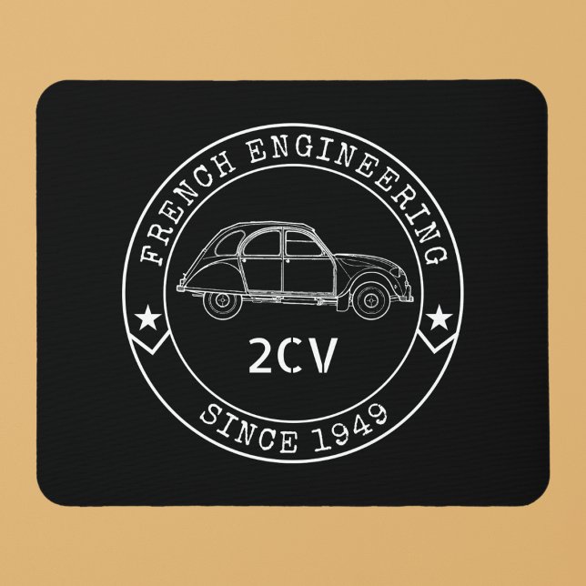 Oldtimer 2CV Abzeichen Engineering Emblem Musmatta (2CV Mouse Pad in Black with a White Badge Text Design and and Illustration of the Deux Chevaux )