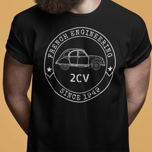 Oldtimer 2CV Abzeichen Engineering Emblem T Shirt (2CV T-Shirt in Black with a White Badge Text Design and and Illustration of the Deux Chevaux )