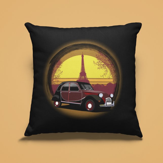 Oldtimer 2cv Charleston Paris Sonnenuntergang Kudde (2CV Pillow in Black with a Romantic Deux Chevaux Charleston Eiffel Tower Illustration)