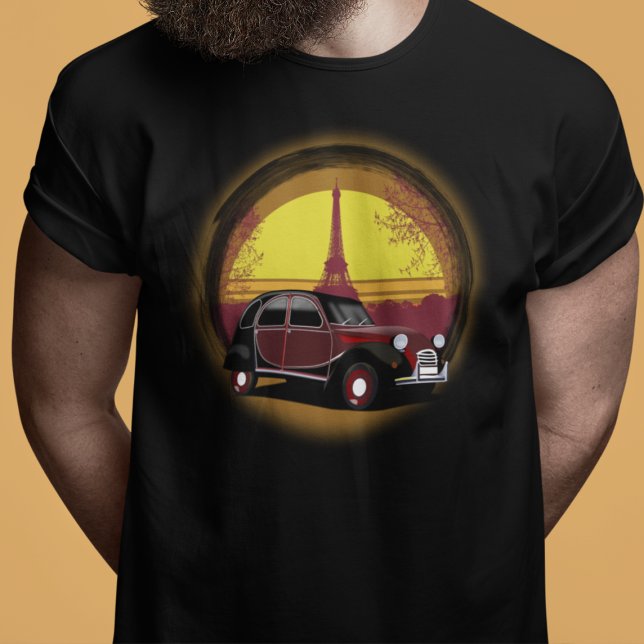 Oldtimer 2cv Charleston Paris Sonnenuntergang T Shirt (2CV T-Shirt in Black with a Romantic Deux Chevaux Charleston Eiffel Tower Illustration)