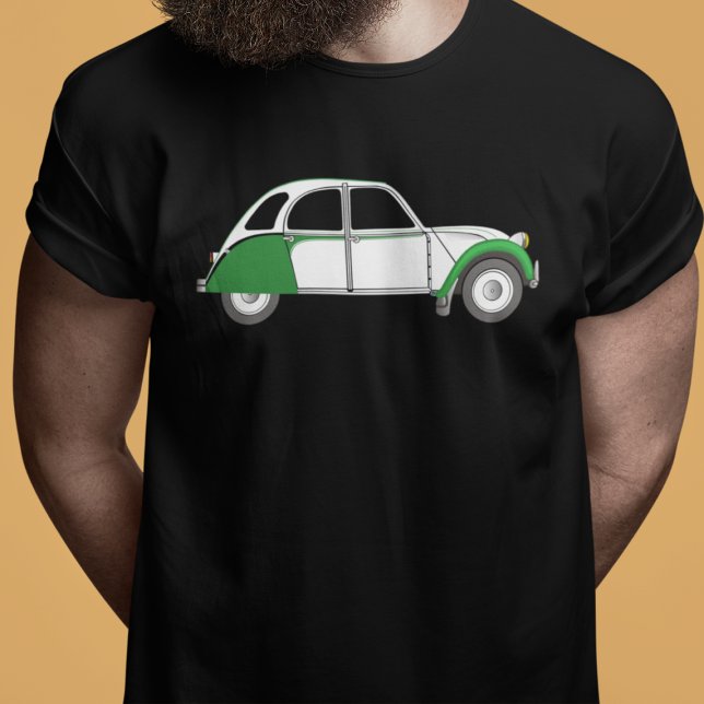 Oldtimer 2CV Dolly Grün T Shirt (2CV Car Magnet in Black with a White Green Deux Chevaux Dolly Illustration)
