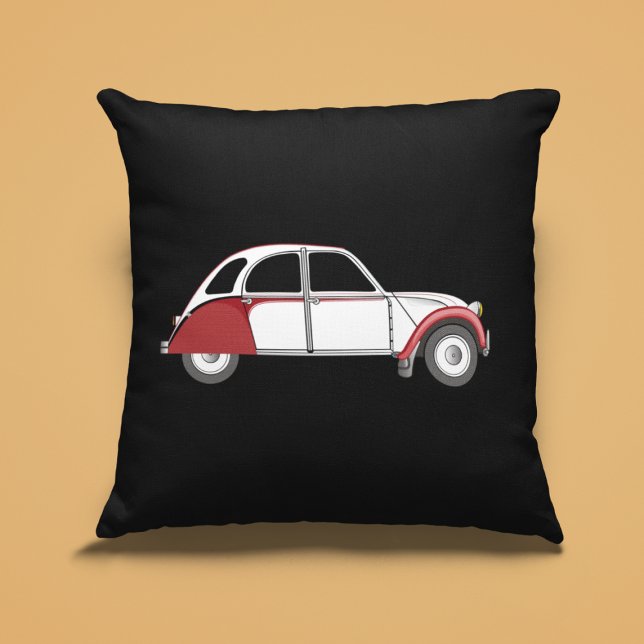 Oldtimer 2CV Dolly Rot Kudde (2CV Pillow in Black with a White Red Deux Chevaux Dolly Illustration)
