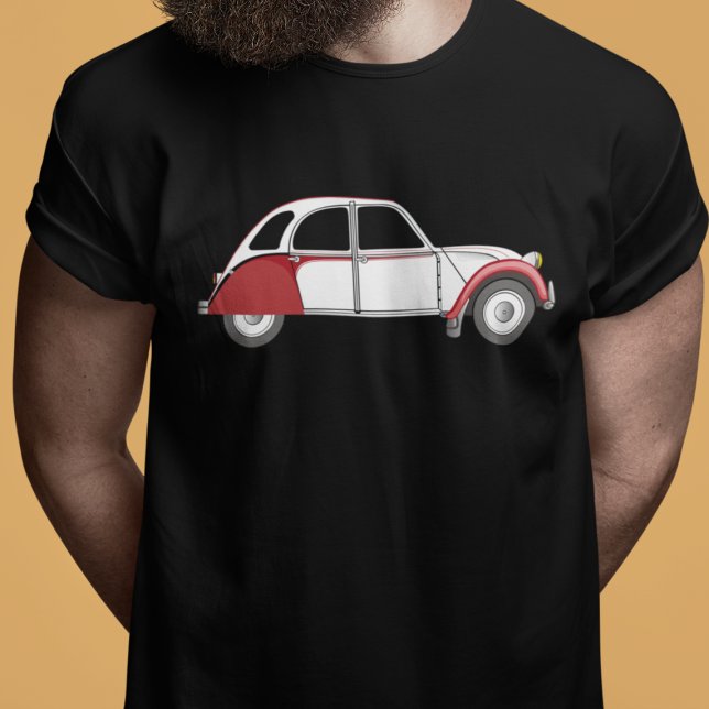 Oldtimer 2CV Dolly Rot T Shirt (2CV Car Magnet in Black with a White Red Deux Chevaux Dolly Illustration)