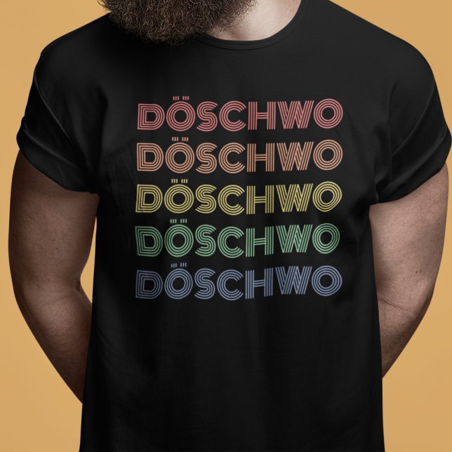Oldtimer 2cv Ente 70er Döschwo T Shirt (2CV T-Shirt in Black with a Red Blue Yellow Typography)
