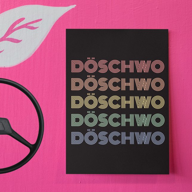 Oldtimer 2cv Ente 70er Döschwo Vykort (2CV Postcard in Black with a Red Blue Yellow Typography)