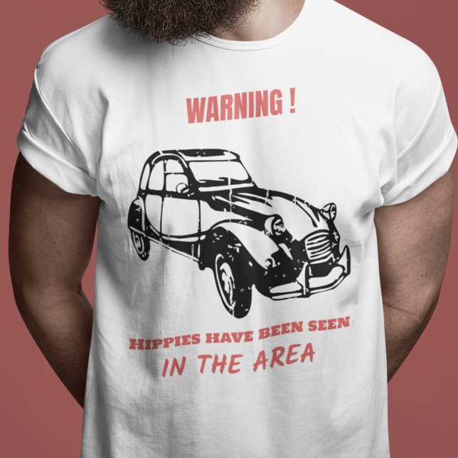 Oldtimer 2cv Ente Hippie Warnung T Shirt (2CV T-Shirt in White with a Red Text and Black Deux Chevaux Illustration)