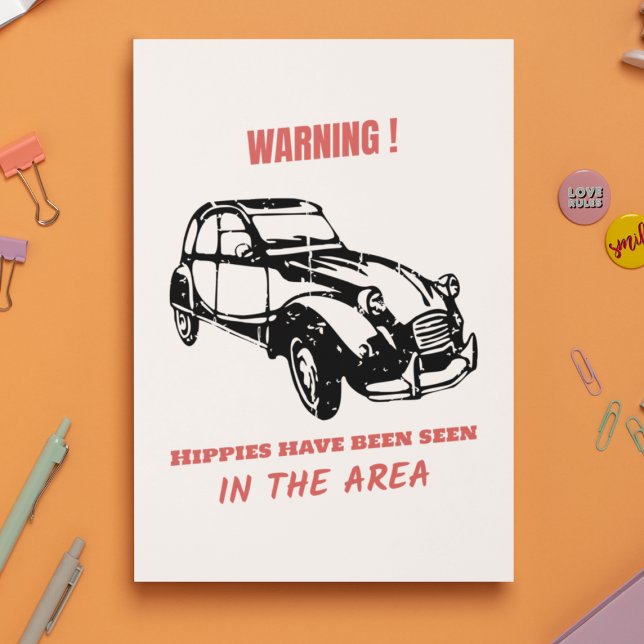 Oldtimer 2cv Ente Hippie Warnung Vykort (2CV Postcard in White with a Red Text and Black Deux Chevaux Illustration)