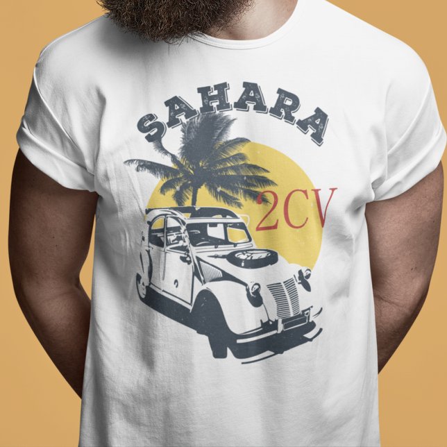 Oldtimer 2cv Ente Sahara T Shirt (2CV Sahara Clock in White with a Dark Grey Yellow and Red Nature Illustration)