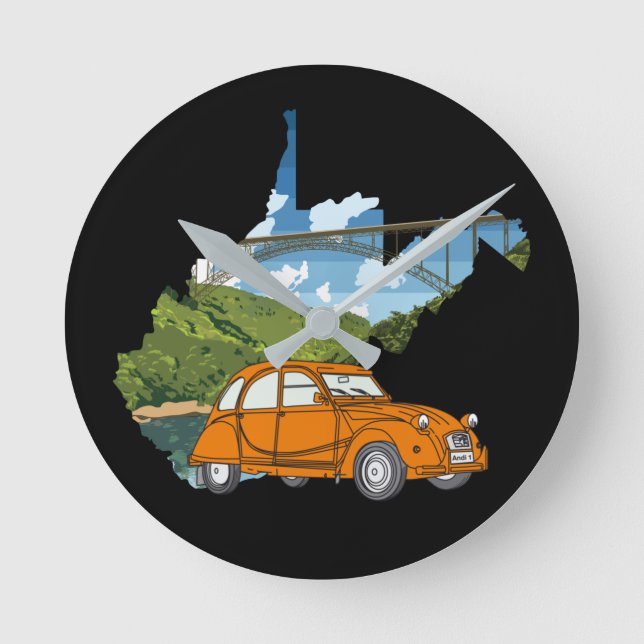 Oldtimer 2cv Landschaft Illustration Rund Klocka (Framsida)