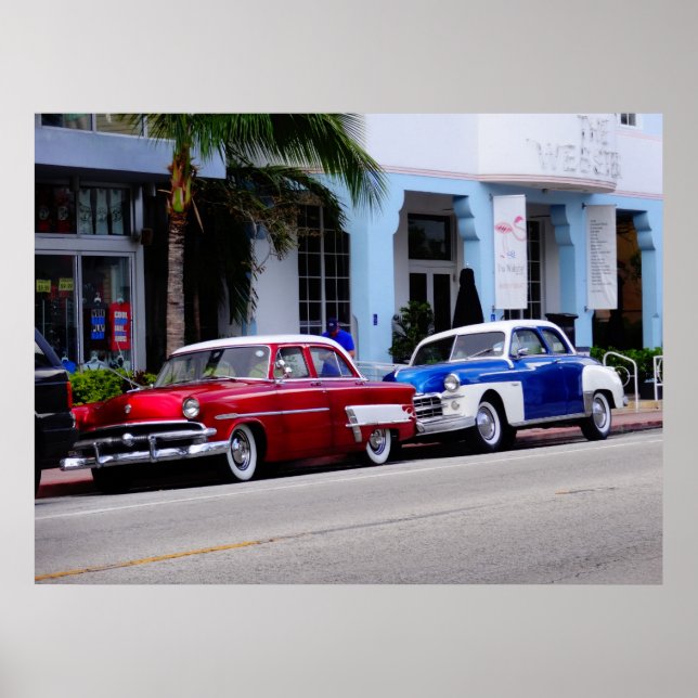 Oldtimer vid Ocean Drive Miami Beach Poster (Framsidan)