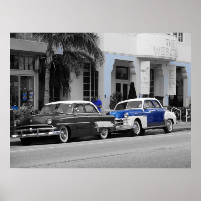 Oldtimer vid Ocean Drive Miami Beach Poster (Framsidan)