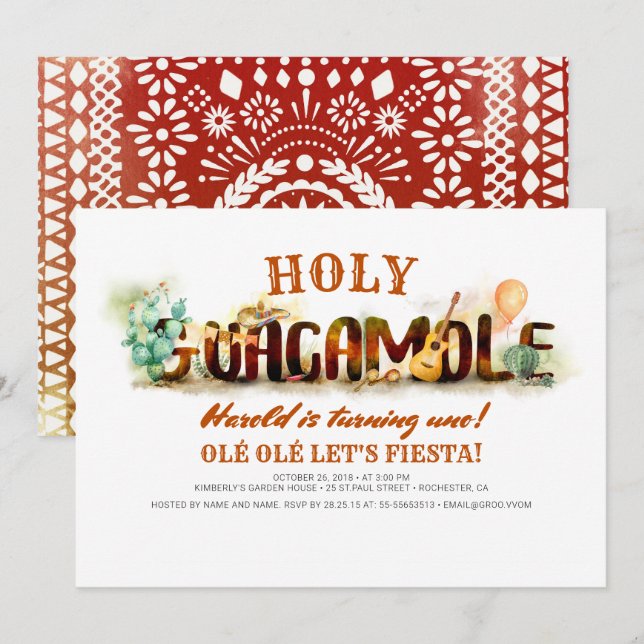 OLÉ LÅT OSS FIESTA Heliga Guacamole Birthday Inbjudningar (Fram/baksida)