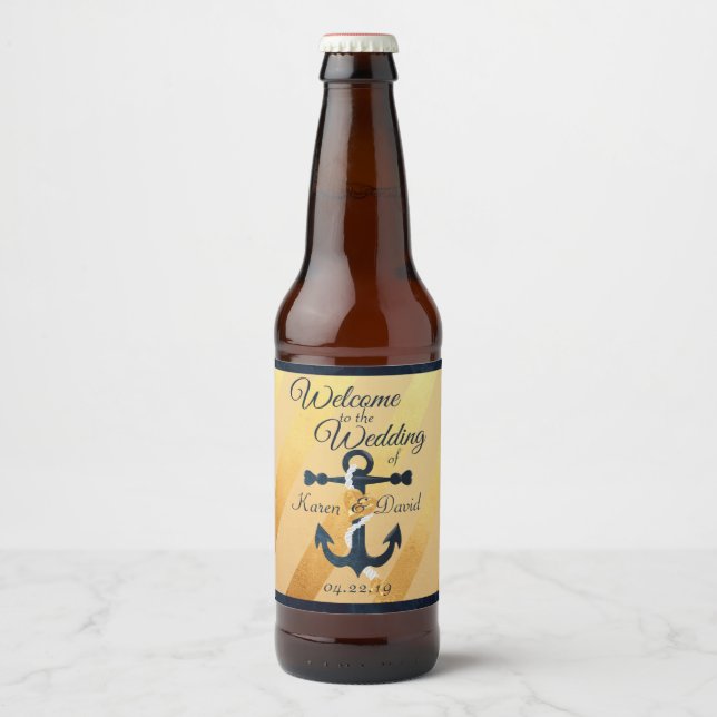 Öletikett för guld-strimlad folieankare bröllop ölflaska etikett (Framsida)
