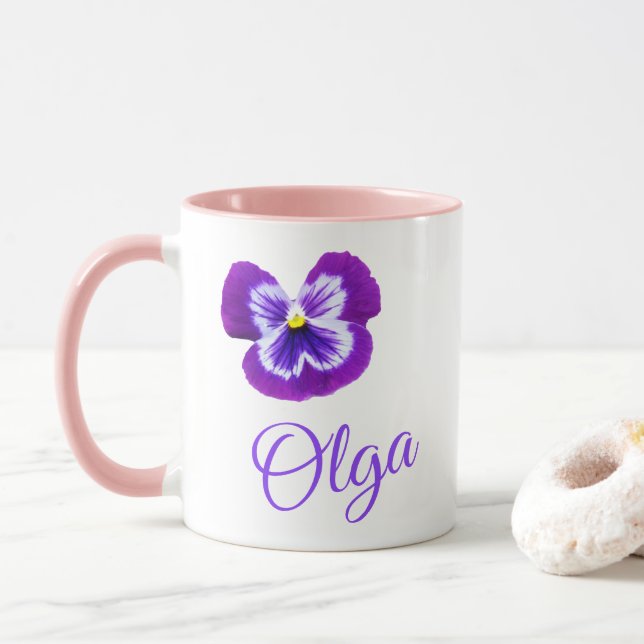 "Olga" Namn Logotyp med Lila Pansy Mugg (Med munk)
