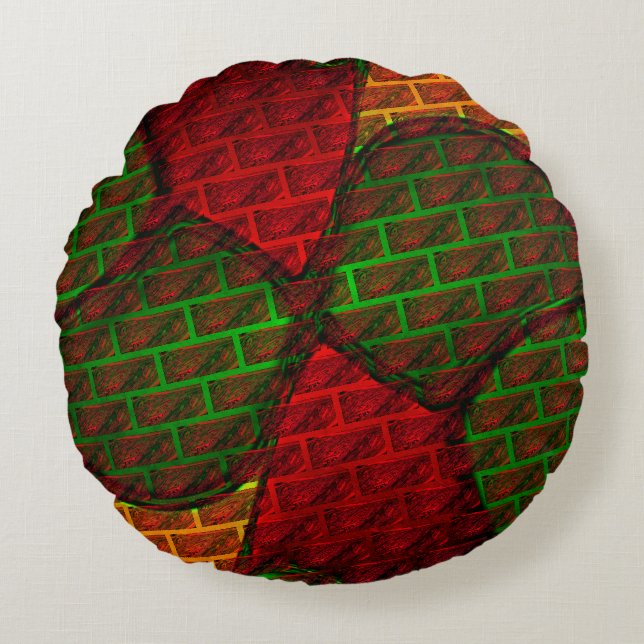 Olika bildmontage, tegel, rött, grönt, gult rund kudde (Framsidan)
